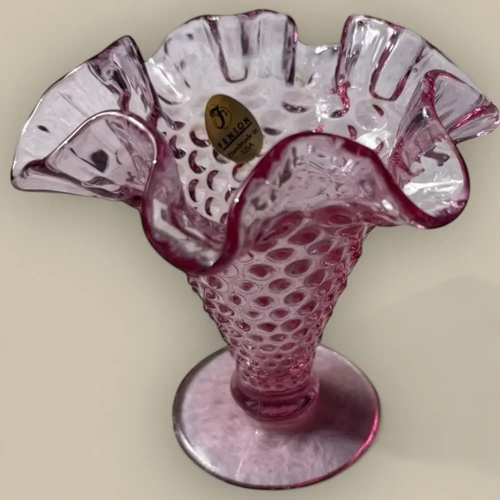 Fenton Cranberry Hobnail Ruffled Edge Vase 5” Vtg Art Glass MCM + Cornucopia Lot